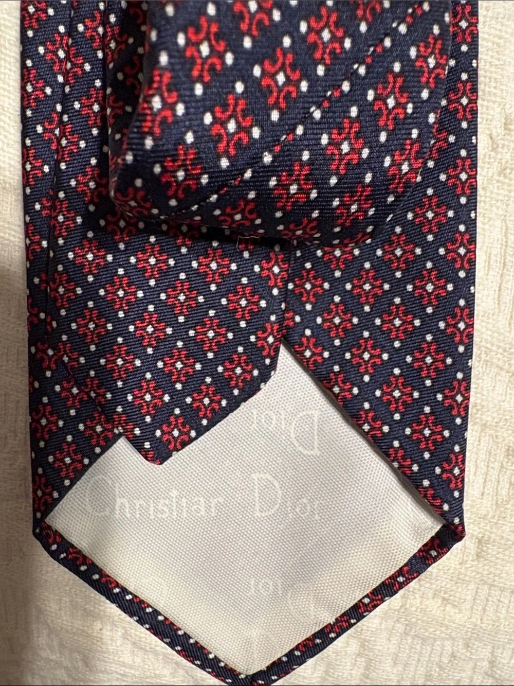 Dior Silk Tie in Navy with Red and Light Blue Medallion Pattern